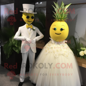 Lemon Yellow Pineapple mascot costume character dressed with a Wedding Dress and Suspenders