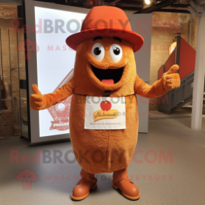 Rust Paella mascot costume character dressed with a Playsuit and Hat pins
