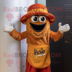 Rust Paella mascot costume character dressed with a Playsuit and Hat pins