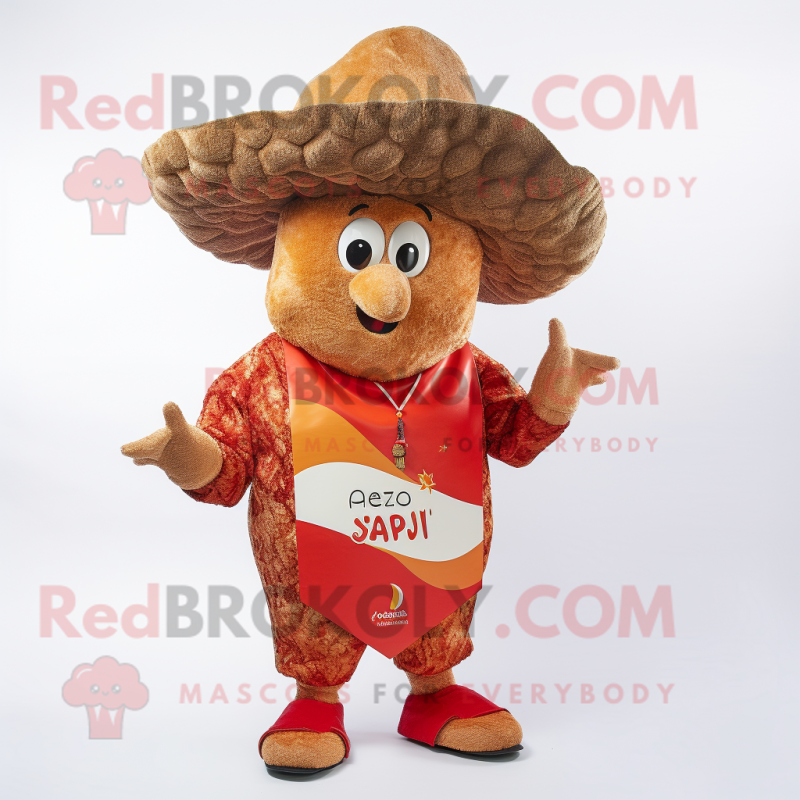 Rust Paella mascot costume character dressed with a Playsuit and Hat pins Rust Paella mascot costume character dressed with a Playsuit and Hat pins