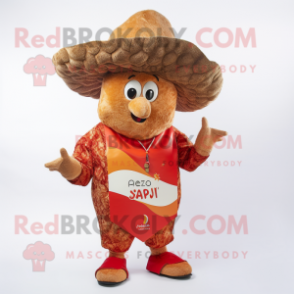 Rust Paella mascot costume character dressed with a Playsuit and Hat pins