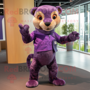 Purple Jaguarundi mascot costume character dressed with a Oxford Shirt and Mittens