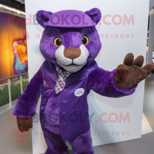 Purple Jaguarundi mascot costume character dressed with a Oxford Shirt and Mittens