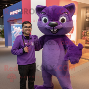 Purple Jaguarundi mascot costume character dressed with a Oxford Shirt and Mittens