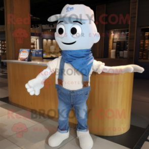 White Chocolate Bar mascot costume character dressed with a Denim Shirt and Scarves