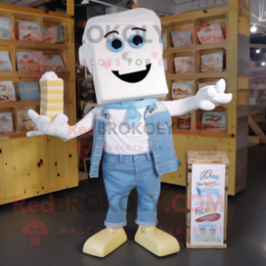 White Chocolate Bar mascot costume character dressed with a Denim Shirt and Scarves