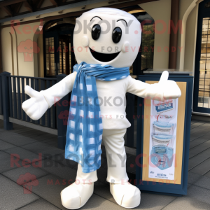 White Chocolate Bar mascot costume character dressed with a Denim Shirt and Scarves