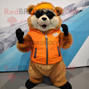 Orange Marmot mascot costume character dressed with a Moto Jacket and Scarf clips