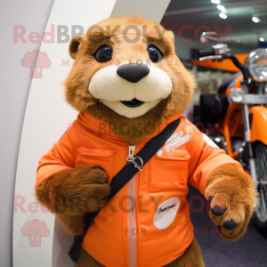 Orange Marmot mascot costume character dressed with a Moto Jacket and Scarf clips