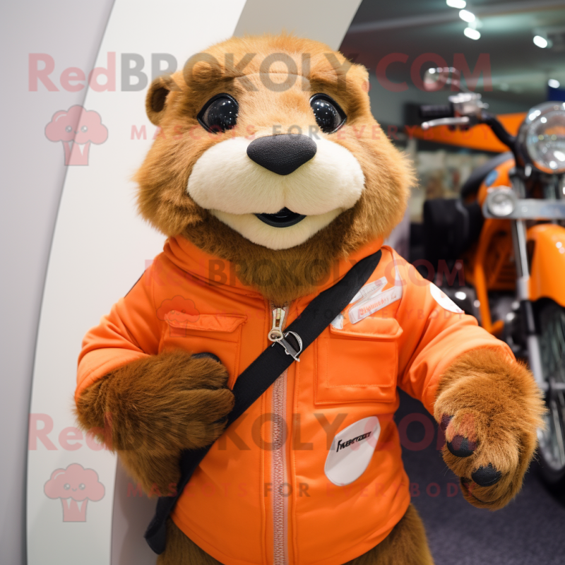 Orange Marmot mascot costume character dressed with a Moto Jacket and Scarf clips Orange Marmot mascot costume character dressed with a Moto Jacket and Scarf clips