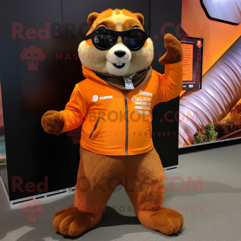 Orange Marmot mascot costume character dressed with a Moto Jacket and Scarf clips