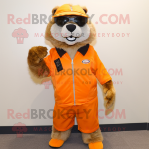 Orange Marmot mascot costume character dressed with a Moto Jacket and Scarf clips