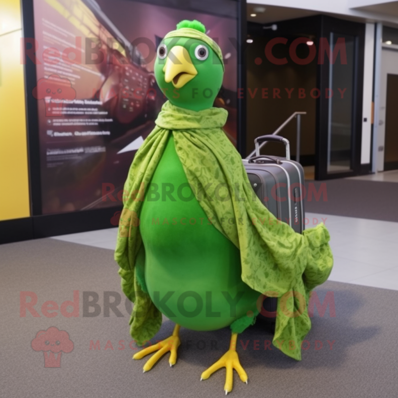 Lime Green Passenger Pigeon mascot costume character dressed with a Wrap Dress and Scarves