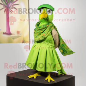 Lime Green Passenger Pigeon mascot costume character dressed with a Wrap Dress and Scarves