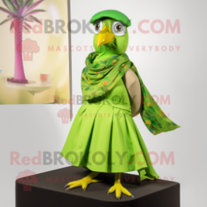 Lime Green Passenger Pigeon mascot costume character dressed with a Wrap Dress and Scarves