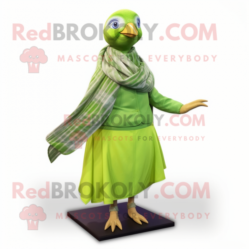 Lime Green Passenger Pigeon mascot costume character dressed with a Wrap Dress and Scarves