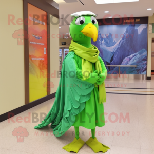 Lime Green Passenger Pigeon mascot costume character dressed with a Wrap Dress and Scarves