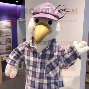 Lavender Seagull mascot costume character dressed with a Flannel Shirt and Caps