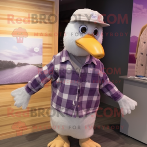 Lavender Seagull mascot costume character dressed with a Flannel Shirt and Caps