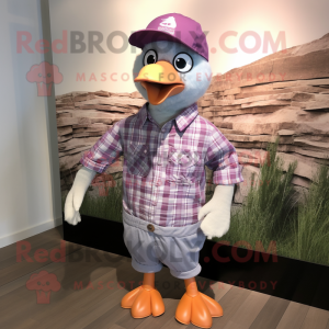 Lavender Seagull mascot costume character dressed with a Flannel Shirt and Caps