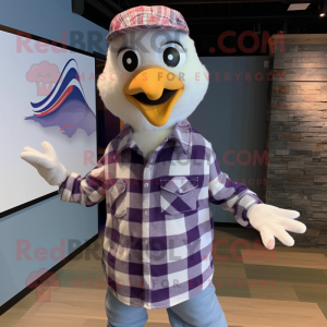 Lavender Seagull mascot costume character dressed with a Flannel Shirt and Caps