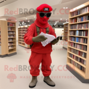 Red American Soldier mascot costume character dressed with a Joggers and Reading glasses