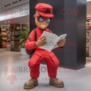 Red American Soldier mascot costume character dressed with a Joggers and Reading glasses