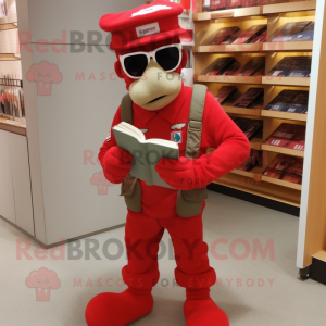 Red American Soldier mascot costume character dressed with a Joggers and Reading glasses