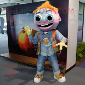 Peach Zombie mascot costume character dressed with a Chambray Shirt and Keychains