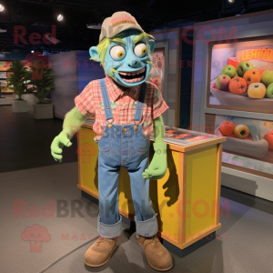 Peach Zombie mascot costume character dressed with a Chambray Shirt and Keychains