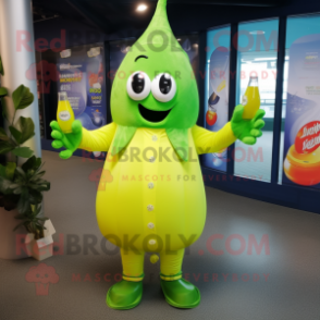 Lime Green Champagne mascot costume character dressed with a Flare Jeans and Foot pads