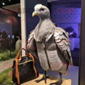 Silver Guinea Fowl mascot costume character dressed with a Windbreaker and Handbags