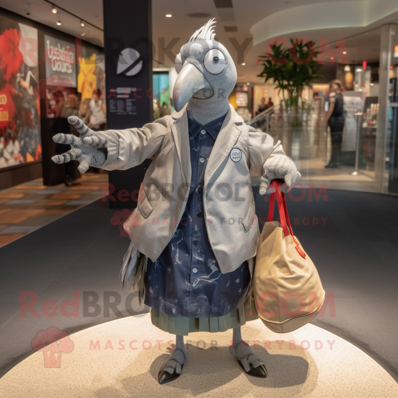 Silver Guinea Fowl mascot costume character dressed with a Windbreaker and Handbags