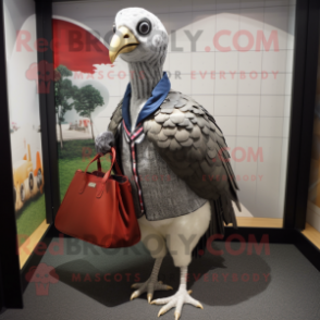 Silver Guinea Fowl mascot costume character dressed with a Windbreaker and Handbags