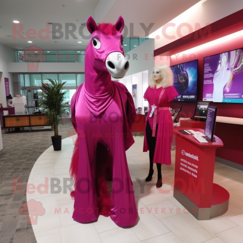 Magenta Horse mascot costume character dressed with a Maxi Dress and Tie pins