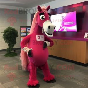 Magenta Horse mascot costume character dressed with a Maxi Dress and Tie pins