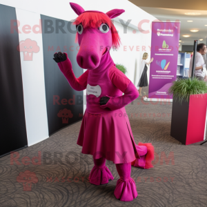 Magenta Horse mascot costume character dressed with a Maxi Dress and Tie pins