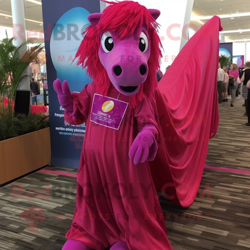 Magenta Horse mascot costume character dressed with a Maxi Dress and Tie pins