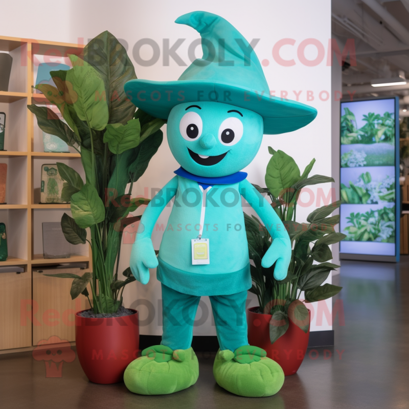 Teal Beanstalk mascot costume character dressed with a T-Shirt and Caps Teal Beanstalk mascot costume character dressed with a T-Shirt and Caps