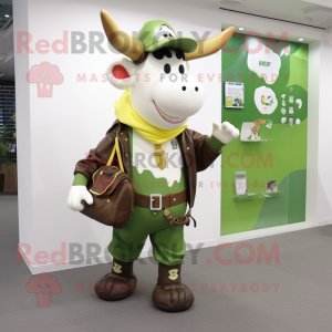 Olive Hereford Cow mascot costume character dressed with a Jacket and Handbags