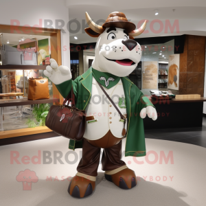 Olive Hereford Cow mascot costume character dressed with a Jacket and Handbags