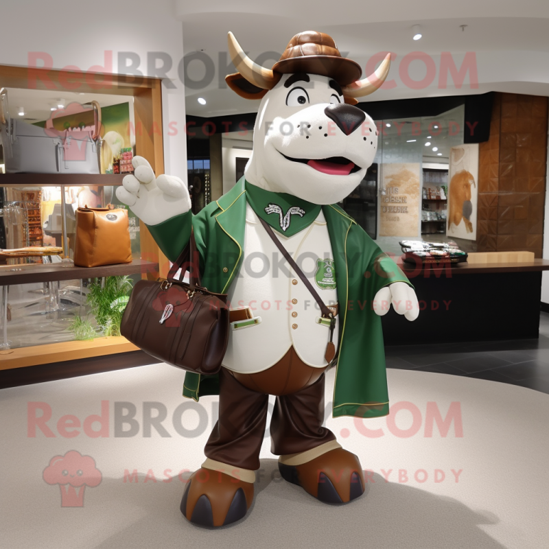 Olive Hereford Cow mascot costume character dressed with a Jacket and Handbags Olive Hereford Cow mascot costume character dressed with a Jacket and Handbags