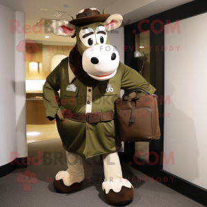 Olive Hereford Cow mascot costume character dressed with a Jacket and Handbags