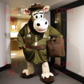 Olive Hereford Cow mascot costume character dressed with a Jacket and Handbags