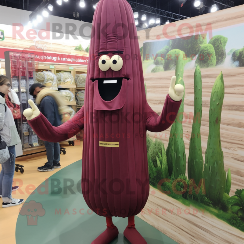 Maroon Asparagus mascot costume character dressed with a Cardigan and Cummerbunds Maroon Asparagus mascot costume character dressed with a Cardigan and Cummerbunds