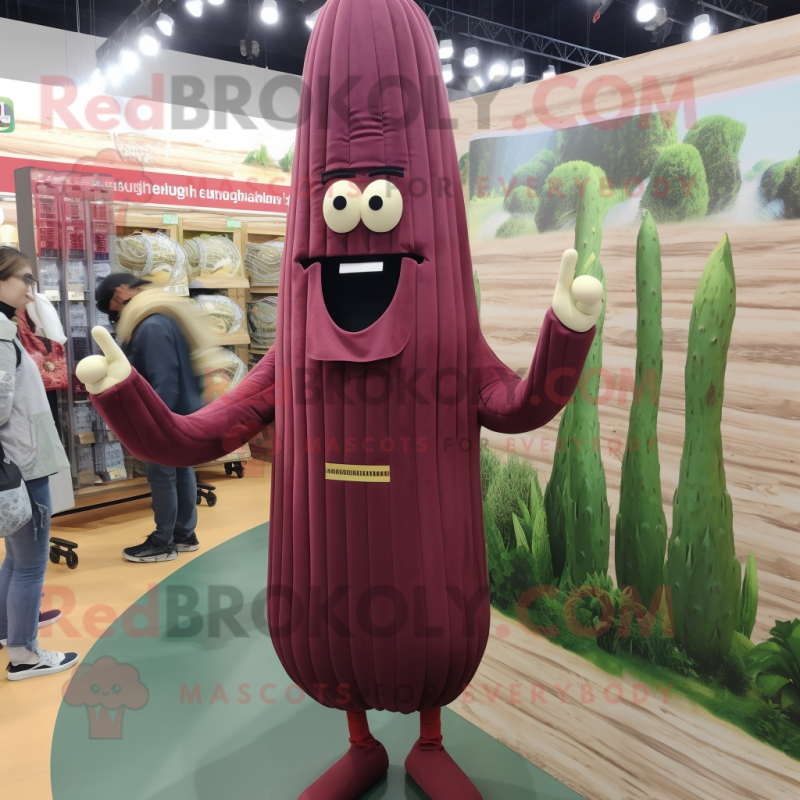 Maroon Asparagus mascot costume character dressed with a Cardigan and Cummerbunds