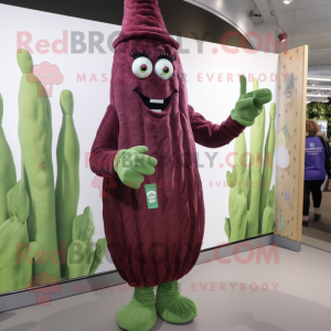 Maroon Asparagus mascot costume character dressed with a Cardigan and Cummerbunds