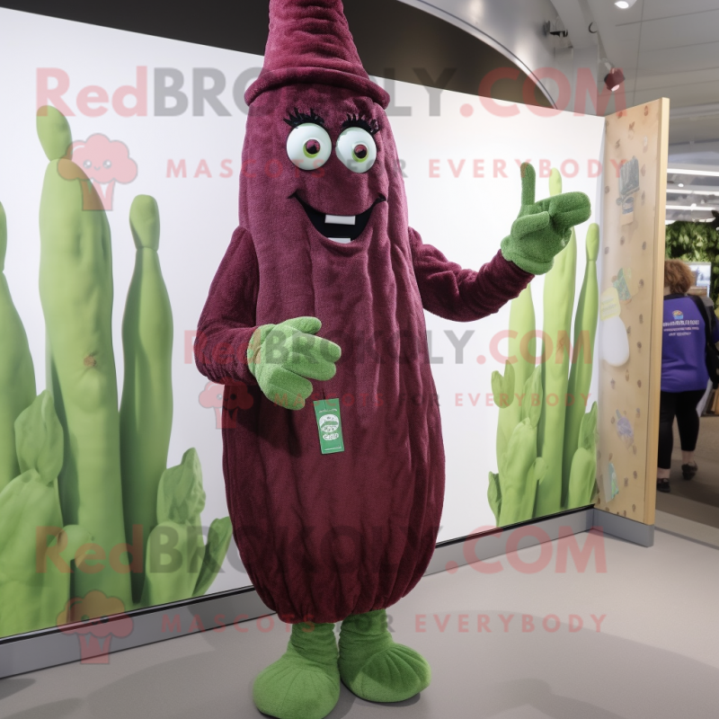 Maroon Asparagus mascot costume character dressed with a Cardigan and Cummerbunds Maroon Asparagus mascot costume character dressed with a Cardigan and Cummerbunds