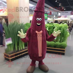 Maroon Asparagus mascot costume character dressed with a Cardigan and Cummerbunds