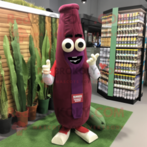 Maroon Asparagus mascot costume character dressed with a Cardigan and Cummerbunds